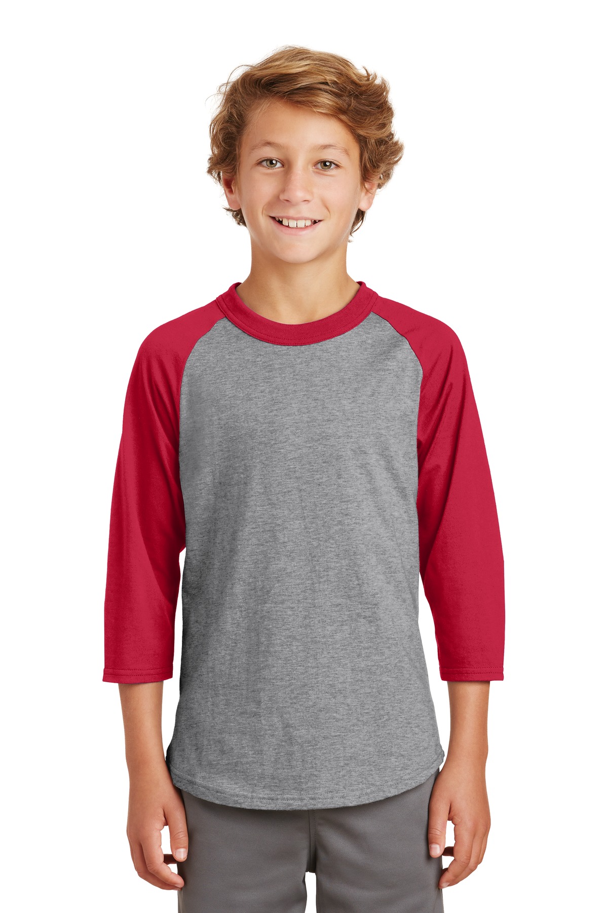 Sport-Tek YT200 Youth Colorblock Raglan Jersey T-Shirt in Heather Gray/Red size Large | Cotton