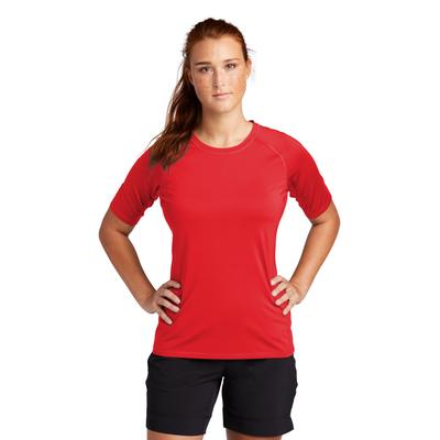 Sport-Tek LST470 Athletic Women's Rashguard Top in True Red size XL | Polyester/Spandex Blend