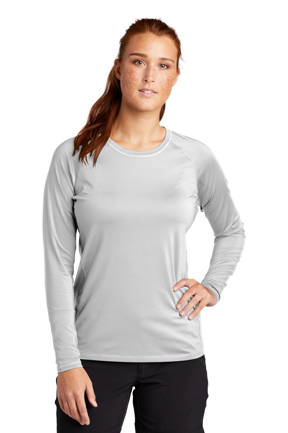 Sport-Tek LST470LS Athletic Women's Long Sleeve Rashguard Top in White size XL | Polyester/Spandex Blend