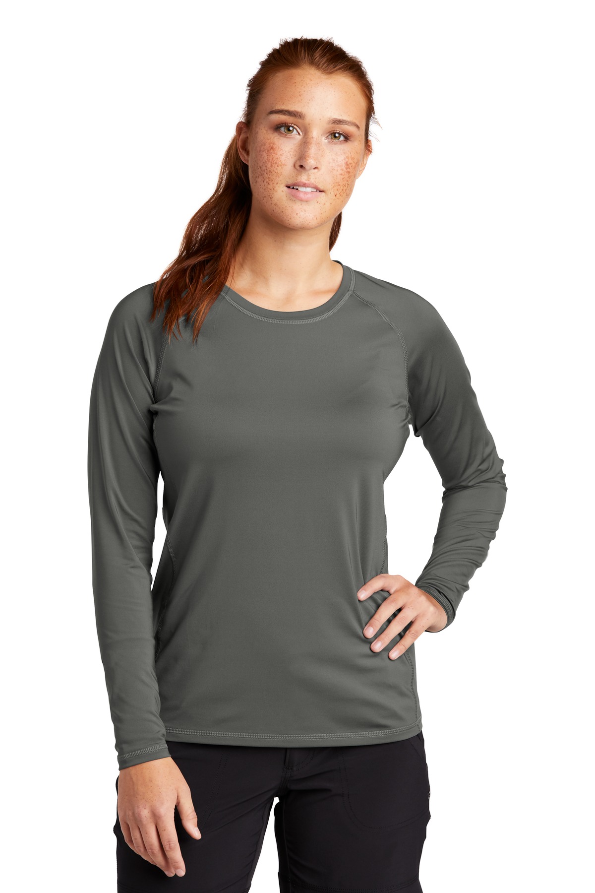 Sport-Tek LST470LS Athletic Women's Long Sleeve Rashguard Top in Dark Smoke Grey size 3XL | Polyester/Spandex Blend