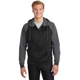 Sport-Tek ST236 Sport-Wick Varsity Fleece Full-Zip Hooded Jacket in Black/Dark Smoke Grey size Small | Polyester