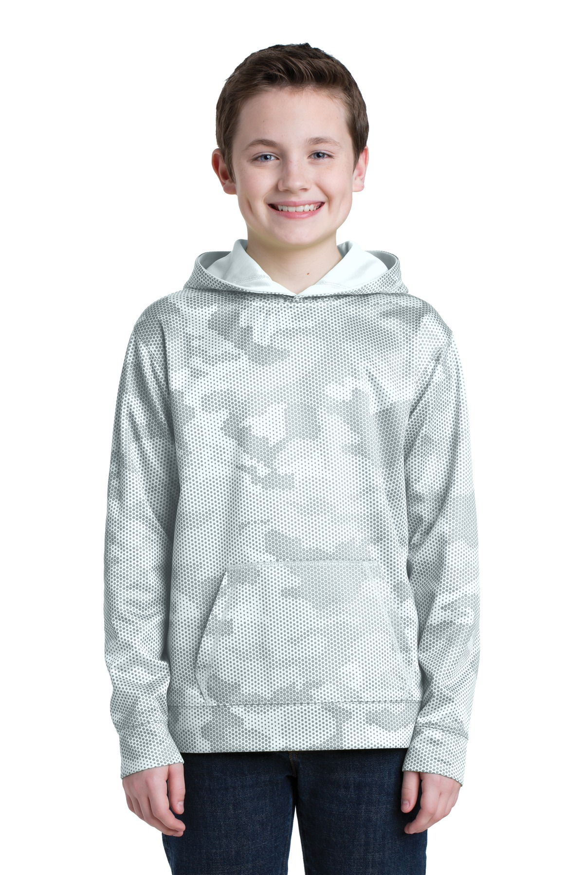 Sport-Tek YST240 Youth Sport-Wick CamoHex Fleece Hooded Pullover T-Shirt in White size XL | Polyester