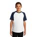 Sport-Tek YT201 Youth Short Sleeve Colorblock Raglan Jersey T-Shirt in White/Navy Blue size XL | Cotton