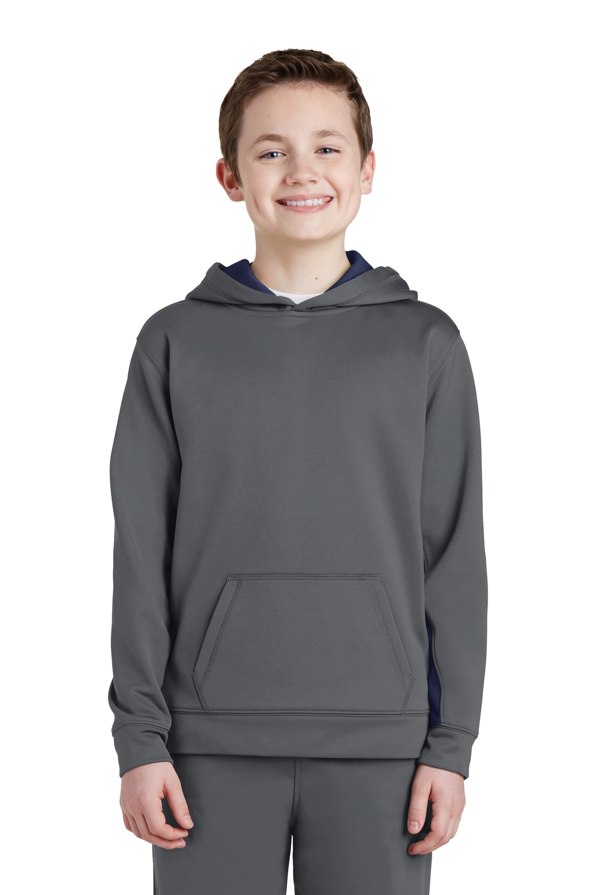 Sport-Tek YST235 Youth Sport-Wick Fleece Colorblock Hooded Pullover T-Shirt in Dark Smoke Gray/Navy Blue size Large | Polyester