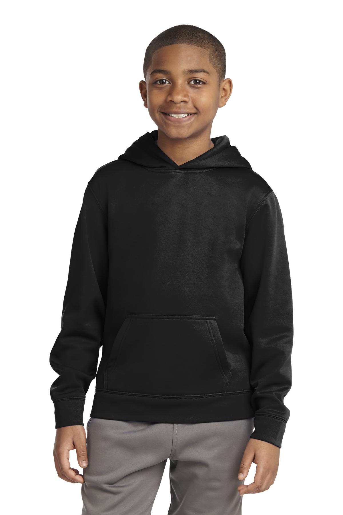 Sport-Tek YST244 Youth Sport-Wick Fleece Hooded Pullover T-Shirt in Black size Medium | Polyester