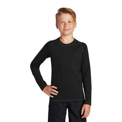 Sport-Tek YST470LS Athletic Youth Long Sleeve Rashguard Top in Black size Medium | Polyester/Spandex Blend