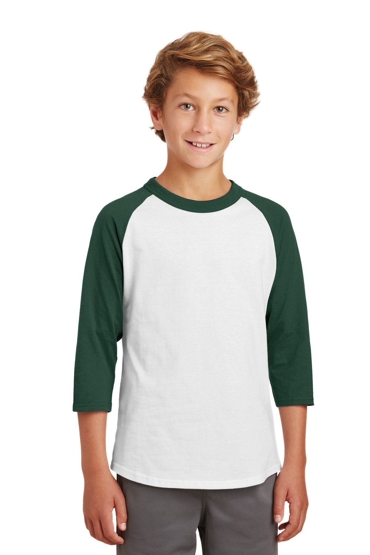 Sport-Tek YT200 Youth Colorblock Raglan Jersey T-Shirt in White/Forest Green size Large | Cotton