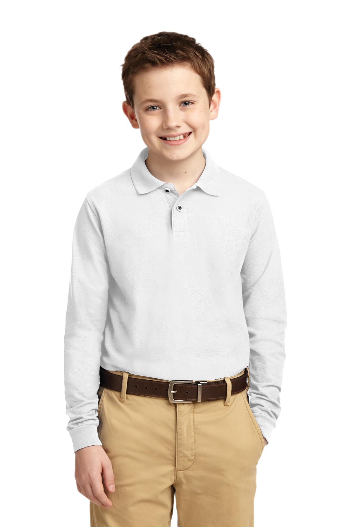 Port Authority Y500LS Youth Long Sleeve Silk Touch Polo Shirt in White size XS | Polyester Blend