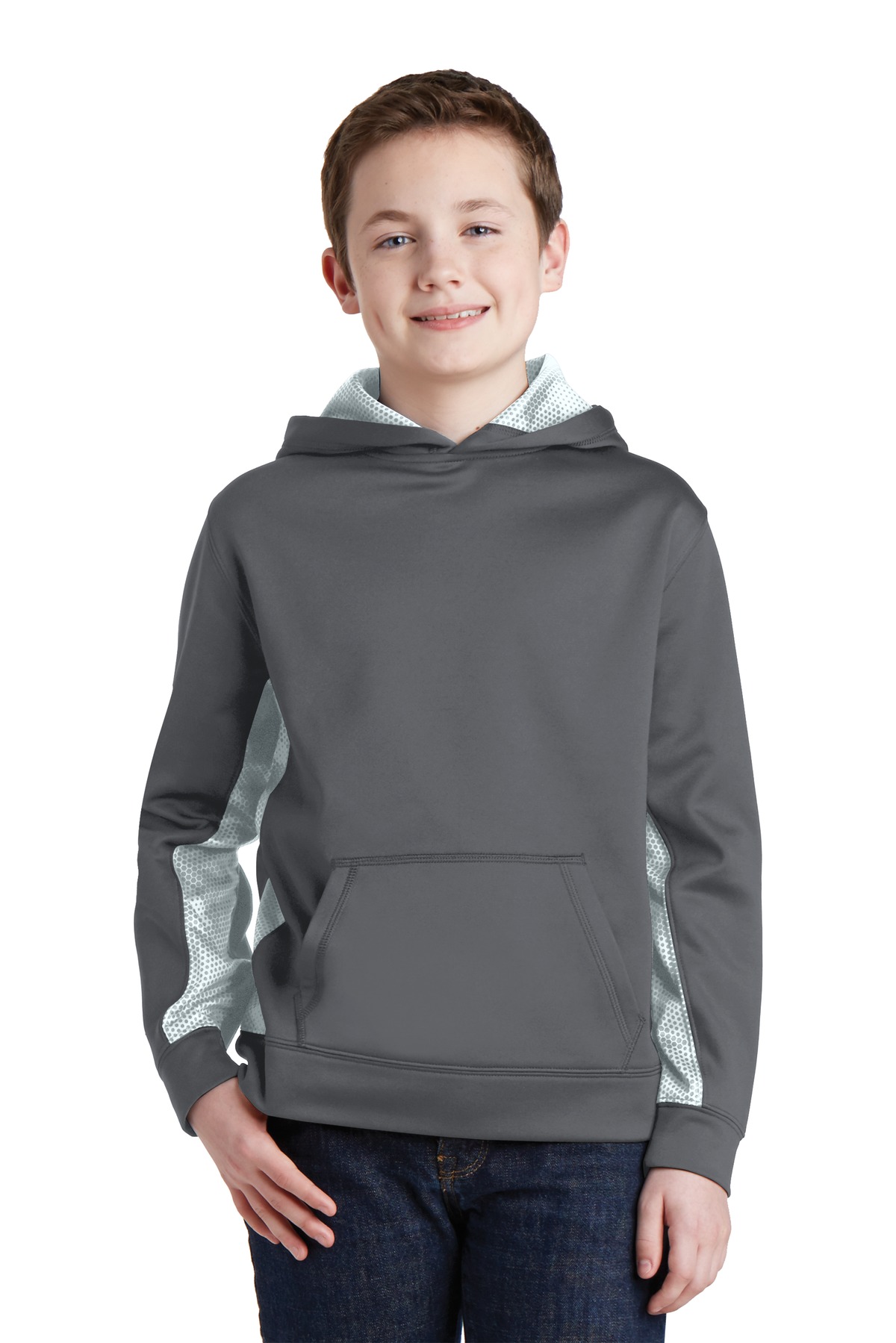 Sport-Tek YST239 Youth Sport-Wick CamoHex Fleece Colorblock Hooded Pullover T-Shirt in Dark Smoke Gray/White size Medium | Polyester