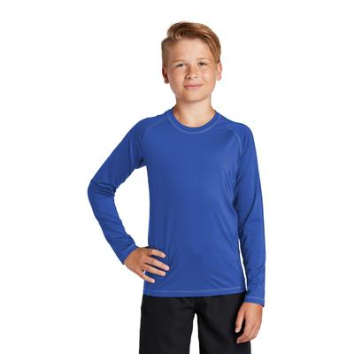 Sport-Tek YST470LS Athletic Youth Long Sleeve Rashguard Top in True Royal Blue size XL | Polyester/Spandex Blend