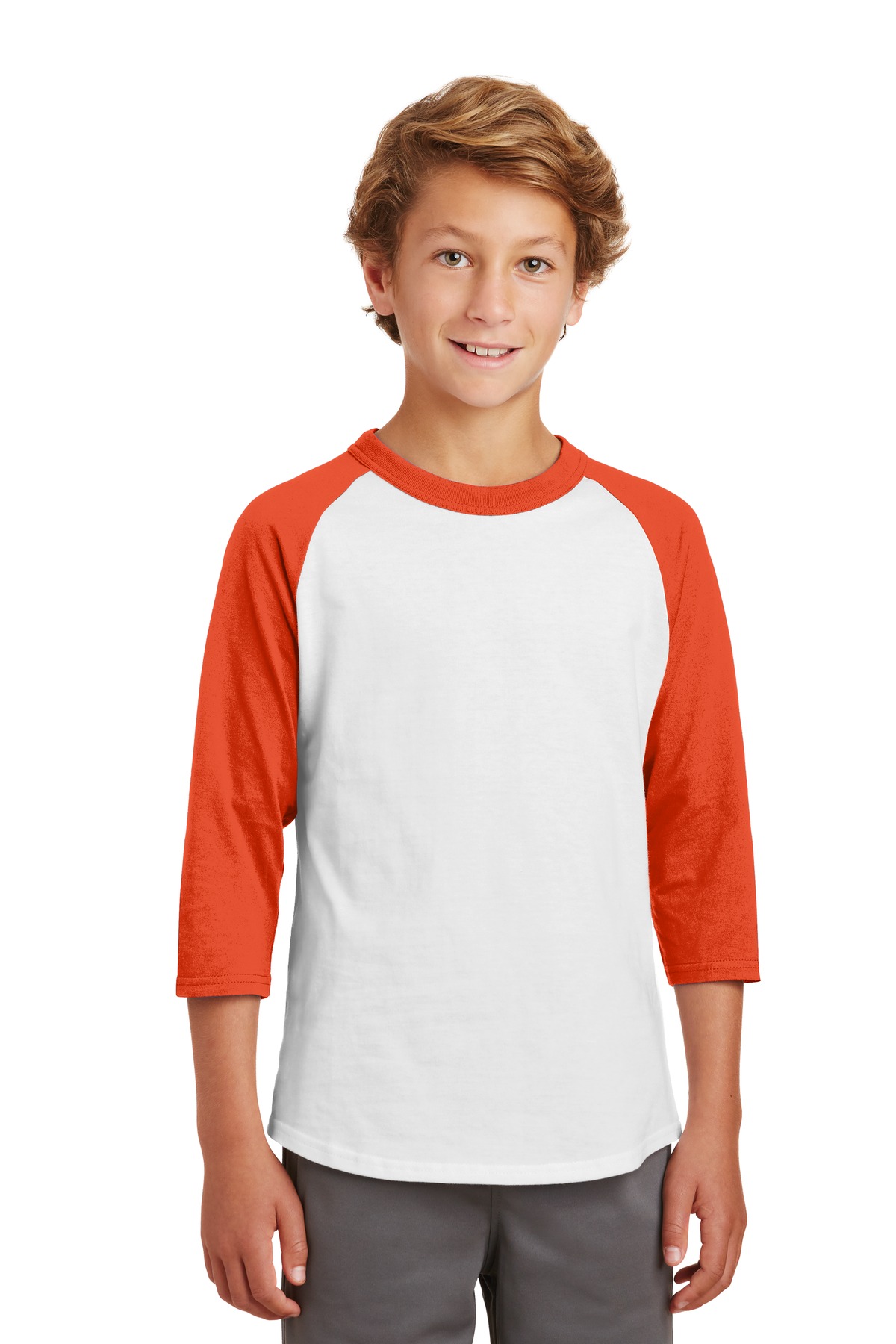 Sport-Tek YT200 Youth Colorblock Raglan Jersey T-Shirt in White/Deep Orange size Medium | Cotton