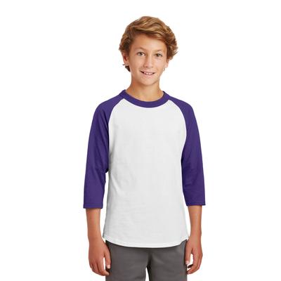 Sport-Tek YT200 Youth Colorblock Raglan Jersey T-Shirt in White/Purple size Medium | Cotton