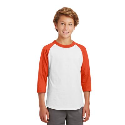 Sport-Tek YT200 Youth Colorblock Raglan Jersey T-Shirt in White/Deep Orange size XL | Cotton