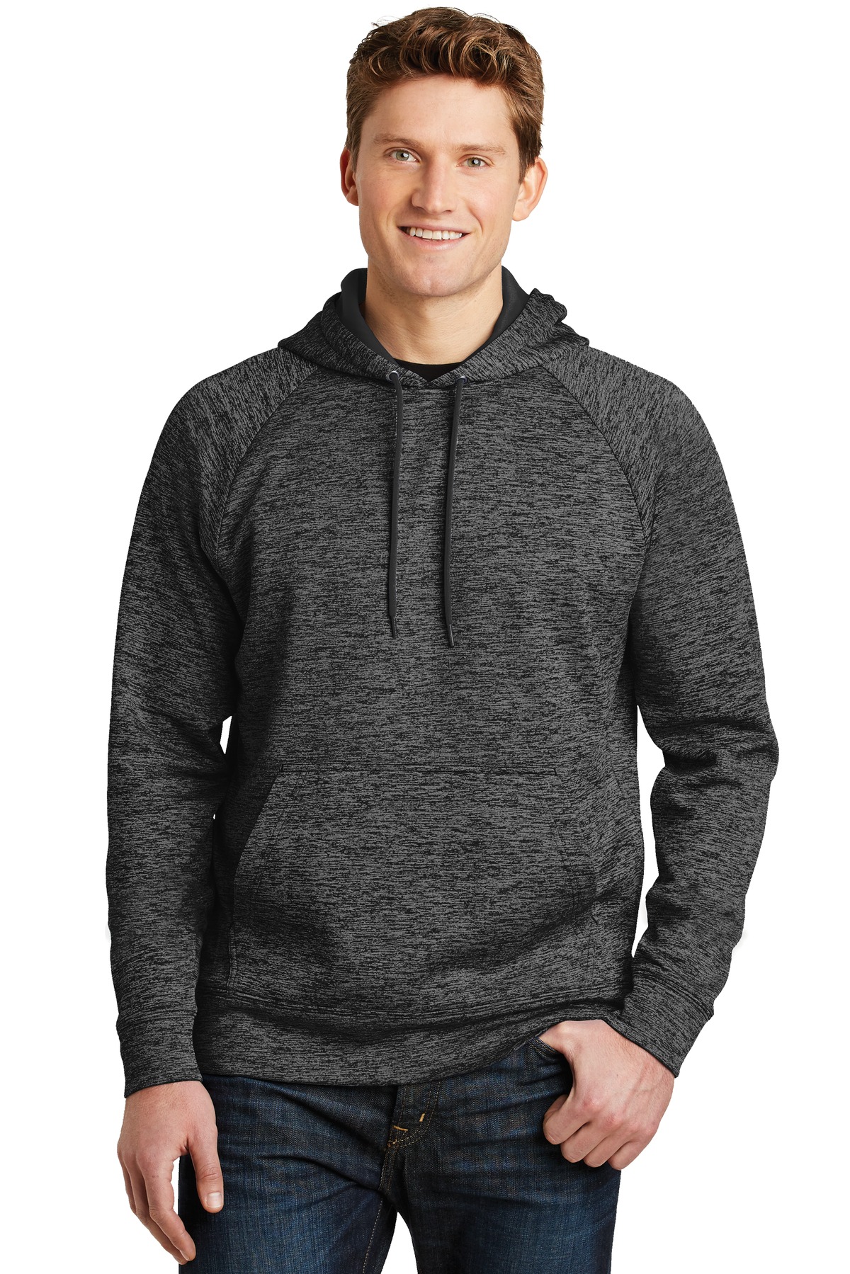 Sport-Tek ST225 PosiCharge Electric Heather Fleece Hooded Pullover T-Shirt in Gray-Black size Large | Polyester