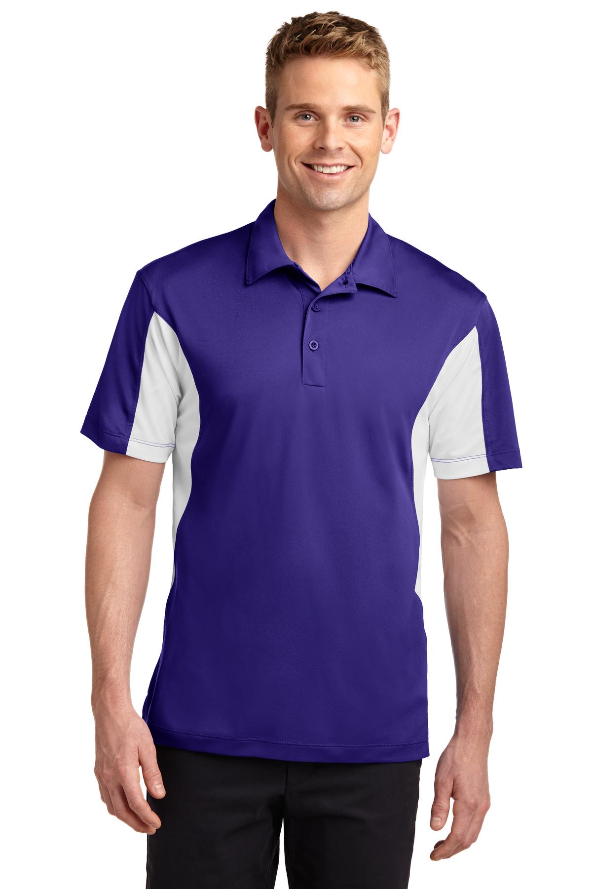 Sport-Tek ST655 Side Blocked Micropique Sport-Wick Polo Shirt in Purple/White size Small | Polyester