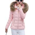 OMZIN Transition Jacket Outwear Women Large Sizes Quilted Jacket Zipper Warm Winter Jacket With Fur Hood Pink XL