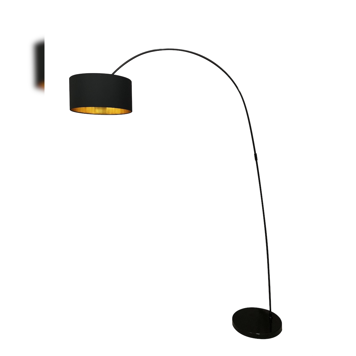 SalesFever Bogenlampe | 1-flammig | Lampenschirm Stoff | Gestell Metall | B 135 x T 38 x H 201 cm | Schwarz-Goldfarben Image