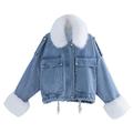 Joixfx Women Winter Warm Detachable Loose Large Fur Collar Denim Blue Short Coat Jacket (White, S)