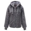 Geschallino Women's Soft Faux Fur Hooded Jacket, 2 Pockets Short Coat Outwear Warm Fluffy Fleece Tops for Winter, Spring, Grey, XL