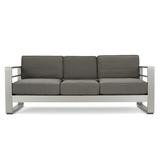 GDF Studio Crested Bay Outdoor Aluminum 3 Seater Loveseat Sofa with Tray Silver and Gray