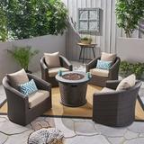 Estrella Outdoor 5 Piece Swivel Wicker Chair Set with Fire Pit Multi Brown Mixed Khaki Brown