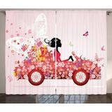Cars Curtains 2 Panels Set Girl on a Car with Floral Present Boxes Butterflies Daisies Little Hearts Window Drapes for Living Room Bedroom 108W X 108L Inches Pink Dark Coral Black by Ambesonne
