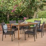 Alessandra Outdoor 7 Piece Wicker Dining Set with Rectangular Acacia Wood Dining Table Teak Multibrown