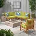 Ellanese Outdoor 6 Seater Acacia Wood Sofa Set with Square Fire Table and Tank Teak and Green and Light Gray