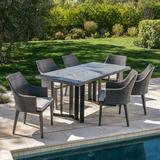 Nestor Outdoor 7 Piece Wicker Dining Set with Light Weight Concrete Dining Table and Cushions Textured Grey Oak Grey Light Grey