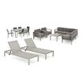 Gannon 15 Piece Aluminum Dining Set and Chat Set with Chaise Lounges and Club Chairs Silver Gray Khaki