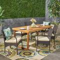 Norman Outdoor 7 Piece Acacia Wood Dining Set with Stacking Wicker Chairs Sandblast Natural Multi Brown Cream