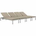 Modway Shore Chaise with Cushions Outdoor Patio Aluminum Set of 4 in Silver Beige