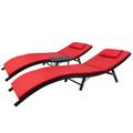 Lacoo Patio Lounge Chair Weather Resistant Wicker Outdoor Chaise Chair Set of 3 Steel Red 350LB