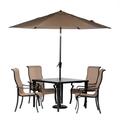 Hanover Brigantine 5-Piece Outdoor Dining Set with 4 Contoured-Sling Chairs 42-In. Square Cast-Top Table 9-Ft. Umbrella and Base