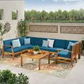 Bodhi Outdoor 8 Seater Acacia Wood Sectional Sofa and Table Set with Cushions Teak Blue