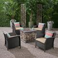 Anton Outdoor 5 Piece Wicker Chat Set with Cushions and Stone Finished Fire Pit Brown Tan Stone