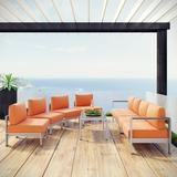 Modway Shore 7 Piece Outdoor Patio Sectional Sofa Set in Silver Orange