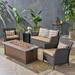 Anton Outdoor 5 Piece Wicker Chat Set with Wood Finished Fire Pit and Tank Holder Brown Tan Brown Black