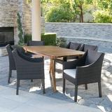 Alondra Outdoor 7 Piece Acacia Wood Rectangular Dining Set with Wicker Dining Chairs and Cushions Teak Finish Multibrown Beige