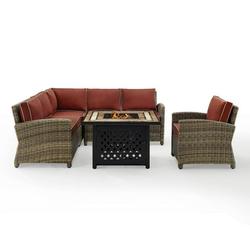 Bradenton 5Pc Outdoor Wicker Sectional Set W/Fire Table Weathered Brown/Sangria - Right Corner Loveseat Left Corner Loveseat Corner Chair Armchair & Tucson Fire Table