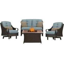 Hanover Ventura 4 Pcs Wicker and Steel Propane Fire Pit Chat Set Ocean Blue