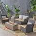 Anton Outdoor 5 Piece Wicker Chat Set with Fire Pit and Tank Holder Brown Tan Light Gray