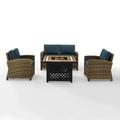 Crosley Furniture Bradenton 4 Piece Metal Patio Fire Pit Sofa Set in Brown/Navy