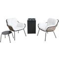 Hanover Naya 4-Piece Chat Set in White featuring a 40 000 BTU Column Fire Pit with Glass Burner Enclosure