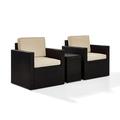 Crosley Palm Harbor 3-Piece Outdoor Wicker Conversation Set-Color:Brown Style:Sand Cushions-2-Swivel Chairs & Side Table
