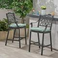 GDF Studio Baltimore Outdoor Aluminum 28.5 Inch Barstools with Cushion Set of 2 Antique Matte Black and Teal