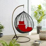 Outdoor Wicker Tear Drop Swing Chair with Red Mat - Patio Lounge Chair with Support Frame