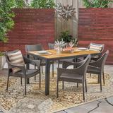 Addisyn Outdoor 7 Piece Rectangular Acacia Wood and Wicker Dining Set Multi Brown Teak Black