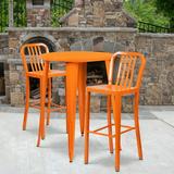 Flash Furniture Commercial Grade 30 Round Orange Metal Indoor-Outdoor Bar Table Set with 2 Vertical Slat Back Stools