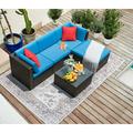 LACOO 5 Pieces Patio Sectional Set PE Rattan All-Weather Conversation Set with Table Blue 83 L x 55 W X 25 H